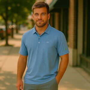 Travis Mathew Golf Polo Mens Prestige Blue White Stripe Pima Cotton CC Logo Sz L